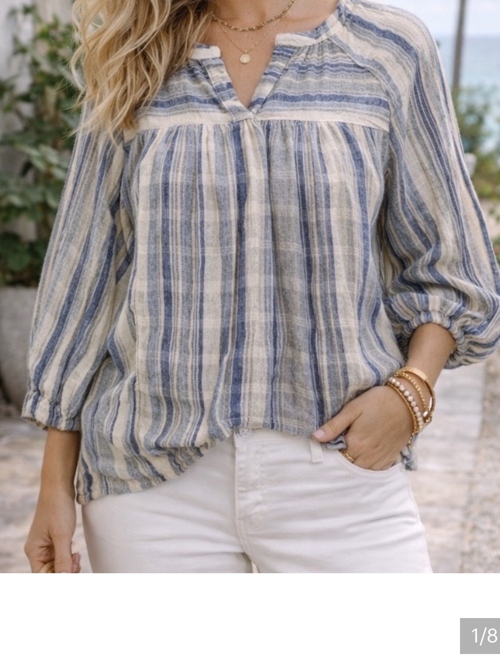Knox Rose Blue and Cream Striped Cotton Peasant Top